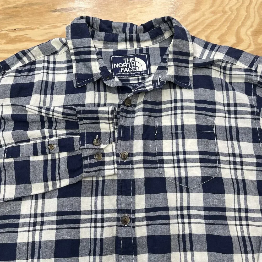 The North Face Linen Blend Button Down Shirt XXL Blue Plaid Collared Outdoor